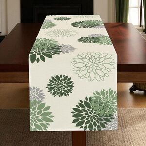 Dahlia Pinnata Flower Table Runner, Sage Green  72"x13" Burlap Modern Farmhouse